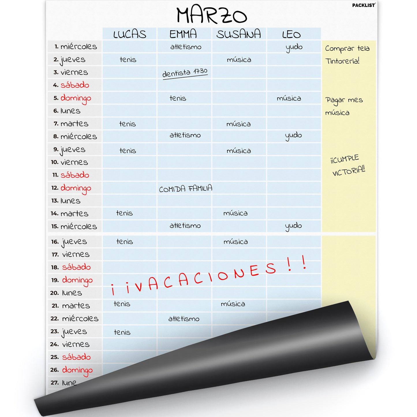 Calendario magnético familiar mensual