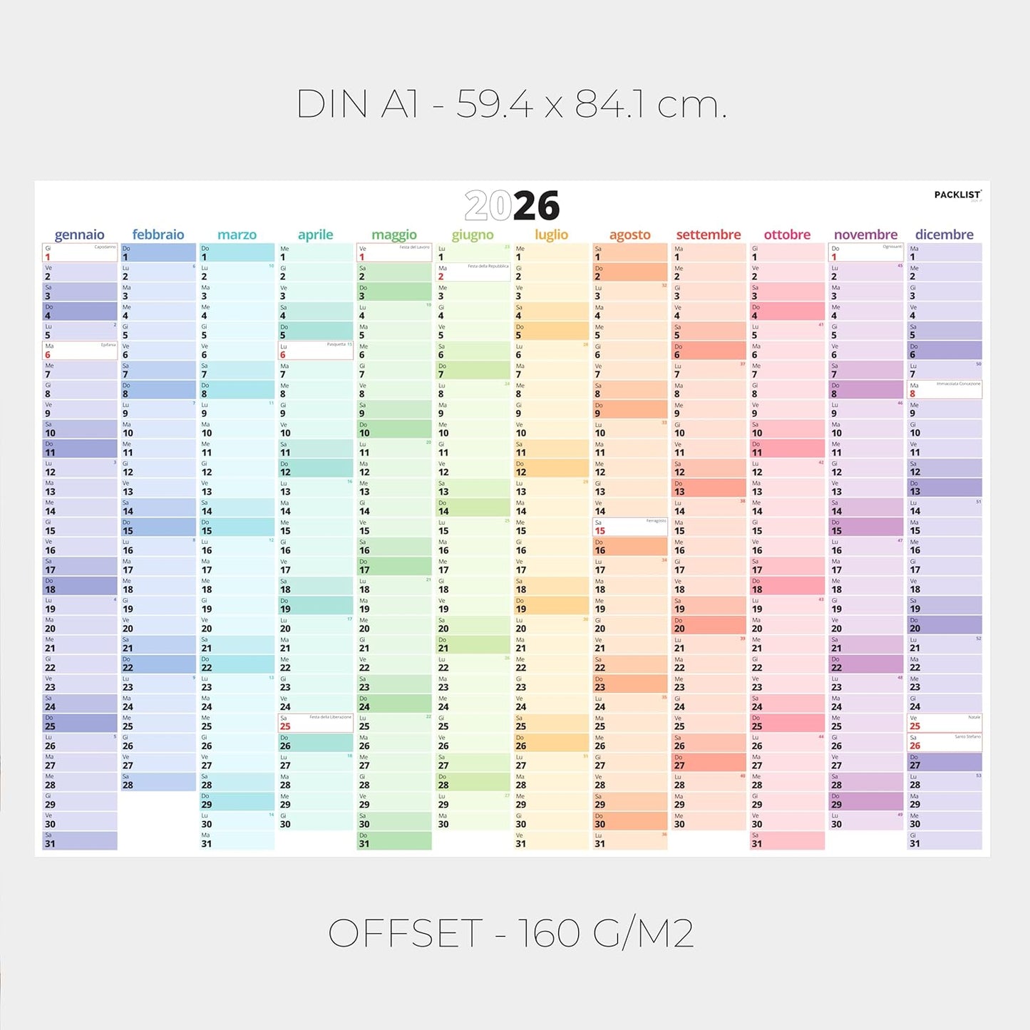 PACKLIST® Calendario da Muro 2026 XXL | Planner A1 Festività Italiane