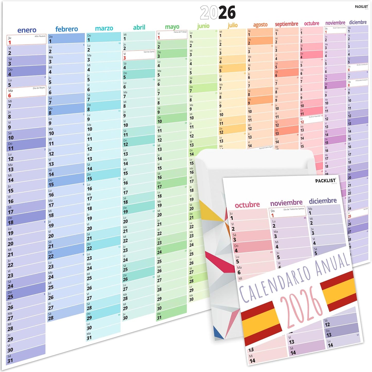 PACKLIST® Calendario de Pared 2026 XXL | Planificador A1 con Festivos de España