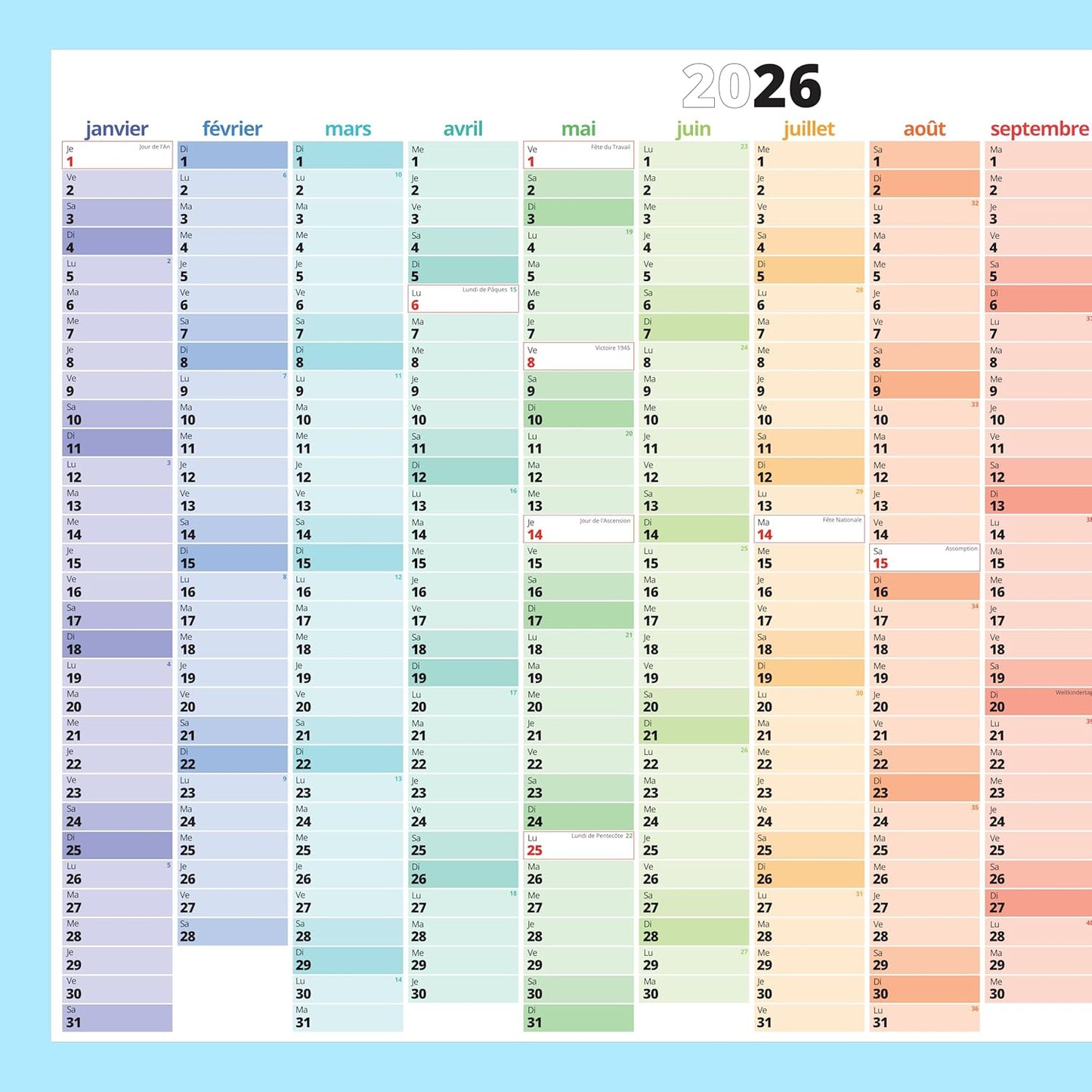 PACKLIST® Calendrier Mural 2026 XXL | Planificateur A1 Jours Fériés France