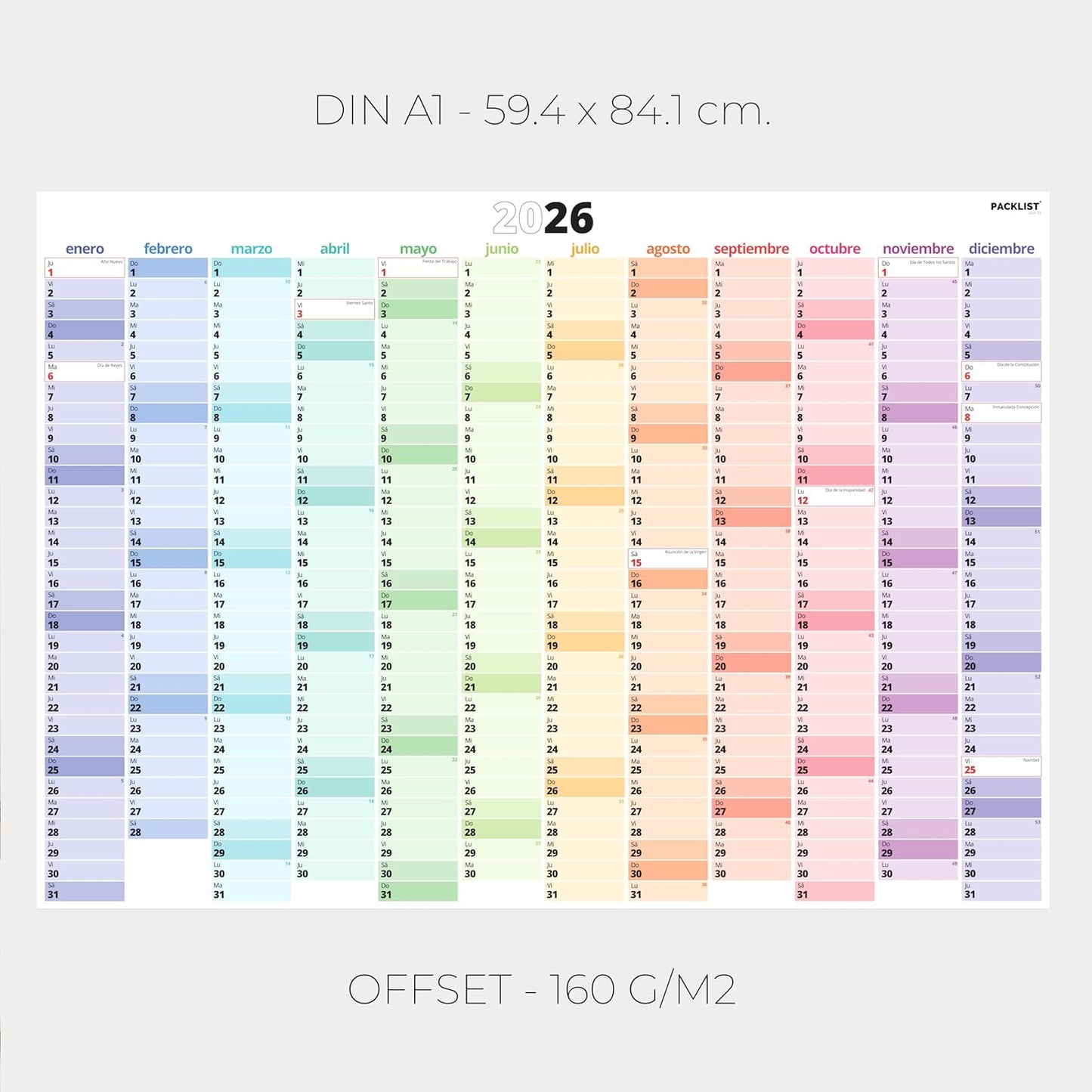 PACKLIST® Calendario de Pared 2026 XXL | Planificador A1 con Festivos de España