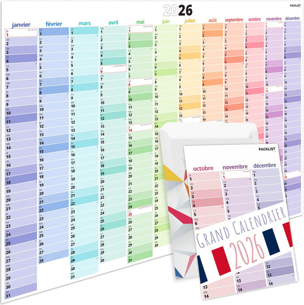 PACKLIST® Calendrier Mural 2026 XXL | Planificateur A1 Jours Fériés France