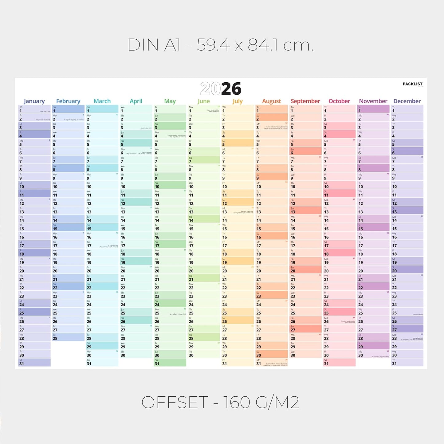 PACKLIST® 2026 UK Wall Calendar | A1 Yearly Planner with Holidays
