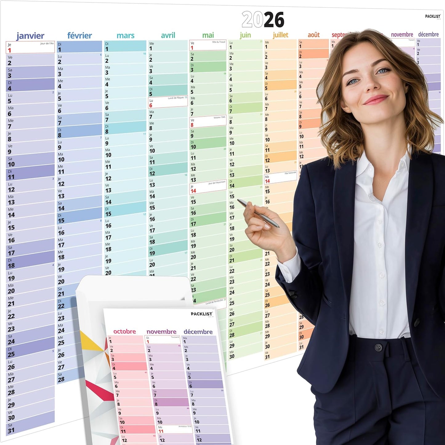 PACKLIST® Calendrier Mural 2026 XXL | Planificateur A1 Jours Fériés France