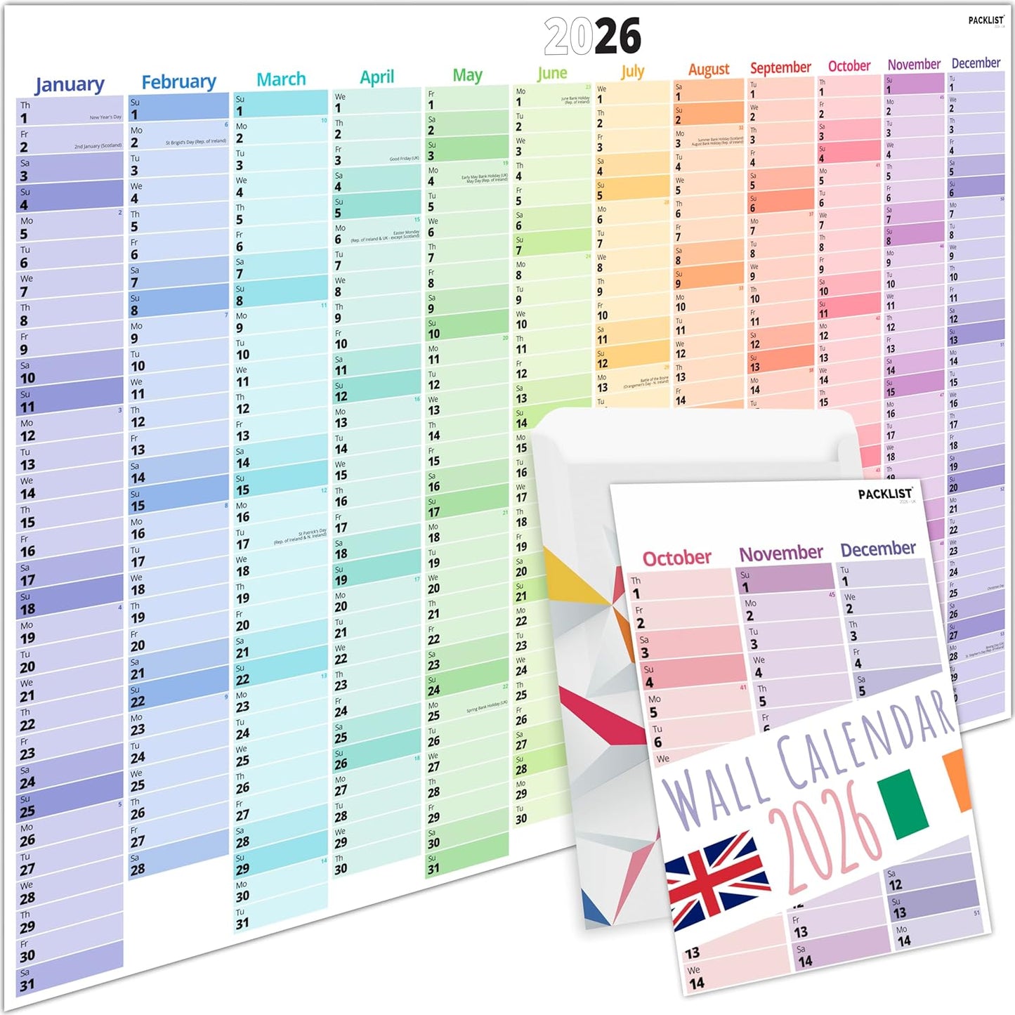 PACKLIST® 2026 UK Wall Calendar | A1 Yearly Planner with Holidays