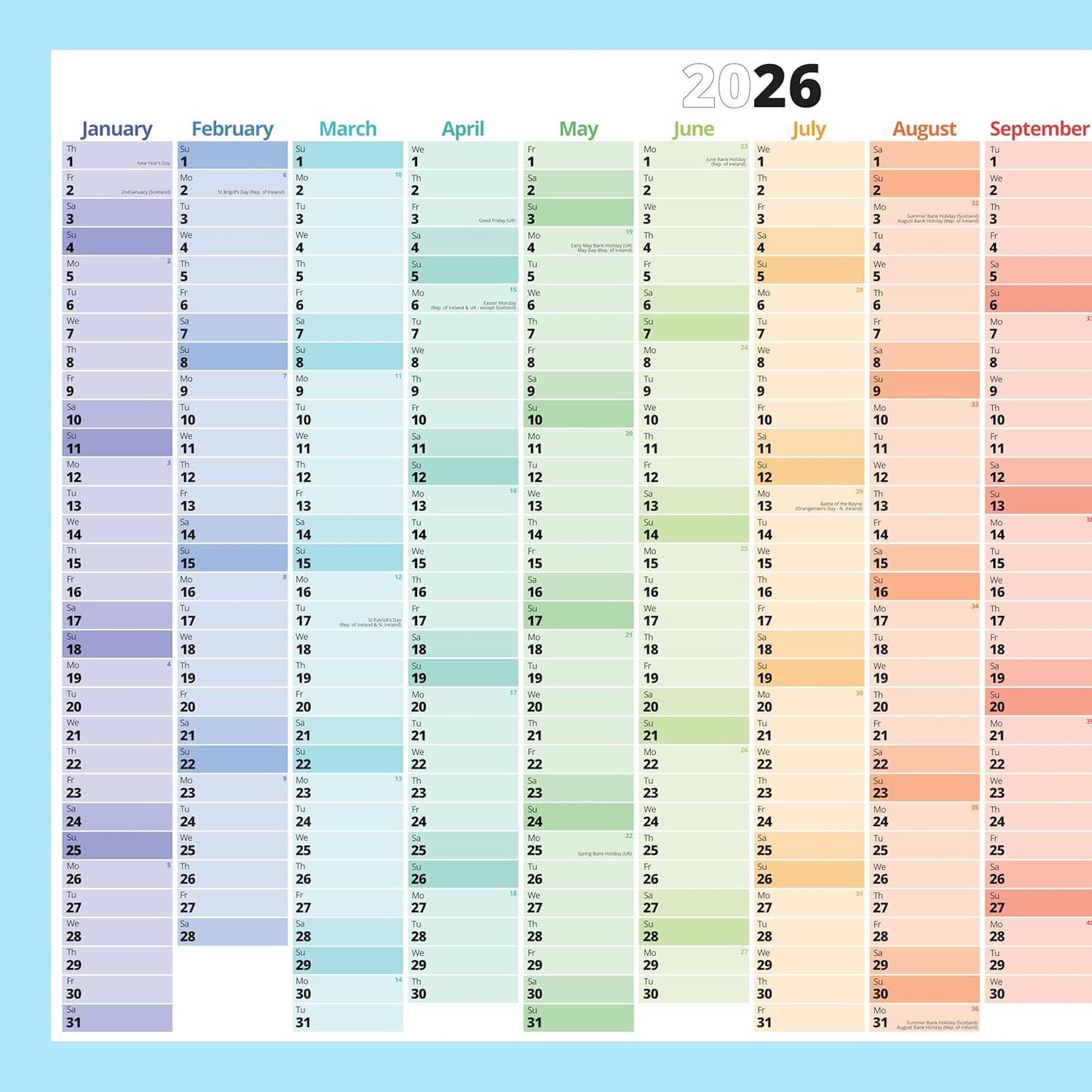 PACKLIST® 2026 UK Wall Calendar | A1 Yearly Planner with Holidays