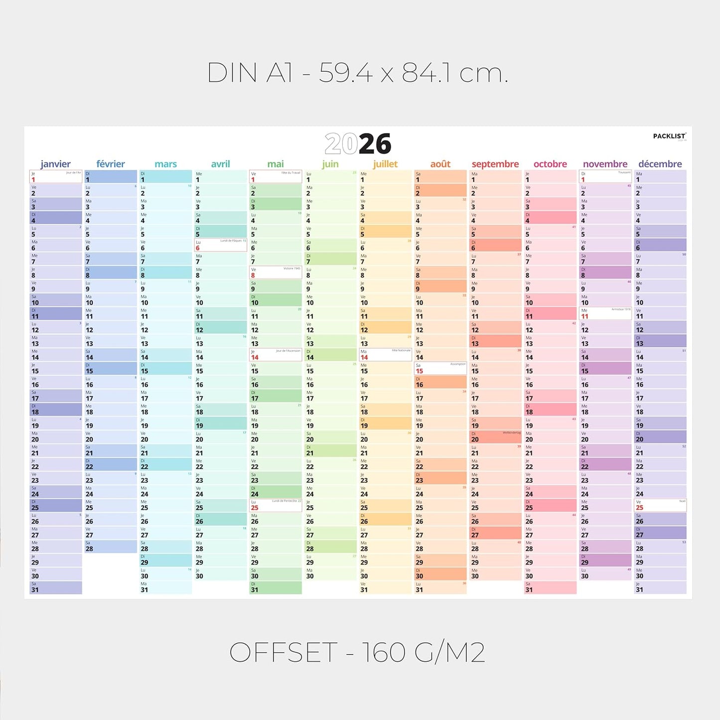 PACKLIST® Calendrier Mural 2026 XXL | Planificateur A1 Jours Fériés France