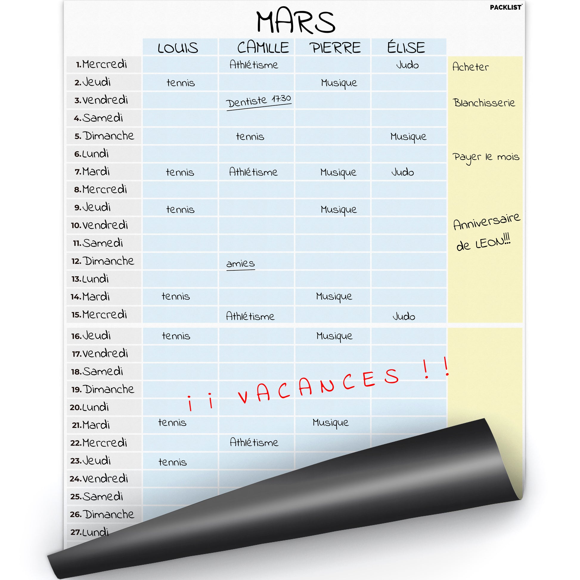 Calendrier magnétique familial mensuel