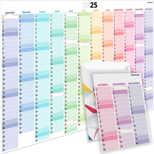 PACKLIST Grand Calendrier 2025 Murale en français A1 84x60 cm. Calendrier familial 2024 Grand Format, Planning familial 2025 - Calendriers Muraux pour L'organisation Familiale, les Études et le Travail 