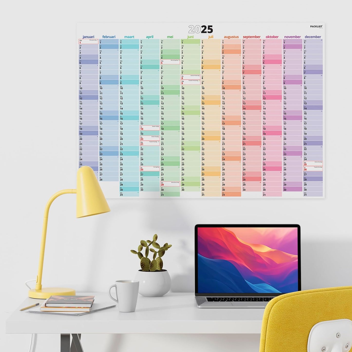 PACKLIST 2025 Muurplanner Kalender A1 - Stijlvolle 12-maanden grand muurkalender 2025 pour cette, étude, travail et planification générale. Calendriers de jardinage colorés avec les jours fériés britanniques et internationaux 